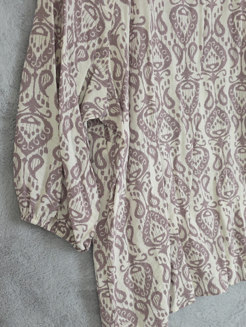 Fred David Women's 2X Ivory Taupe Ikat Print Blouse 3/4 Sleeve Split Neck Plus S - Picture 10 of 12